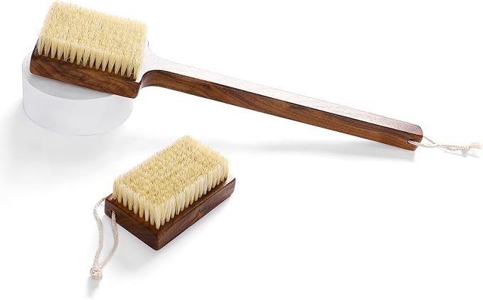 Luxury Natural Walnut Wood Boar Bristle Body Brush | Exfoliating & Detoxifying for All Skin Type | Sweeps Away Dead Skin Cells for Luminous, Smooth Skin | for Wet and Dry Use (Body Brush Set)-Velvo Beauty