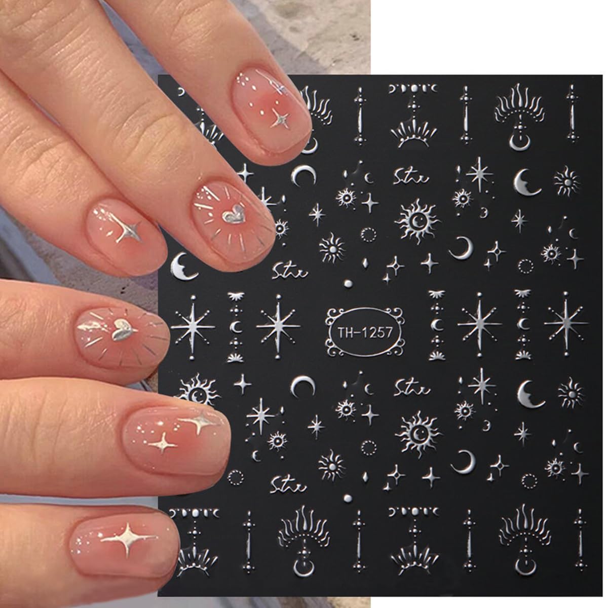 6 Sheets Metallic Nail Art Stickers Decals-3D Self-Adhesive Sun Stars Moon Nail Design Luxury Silver Metallic Nail Supplies Designer Nail Stickers for Women Acrylic Nails Decorations Accessories Craft-Velvo Beauty