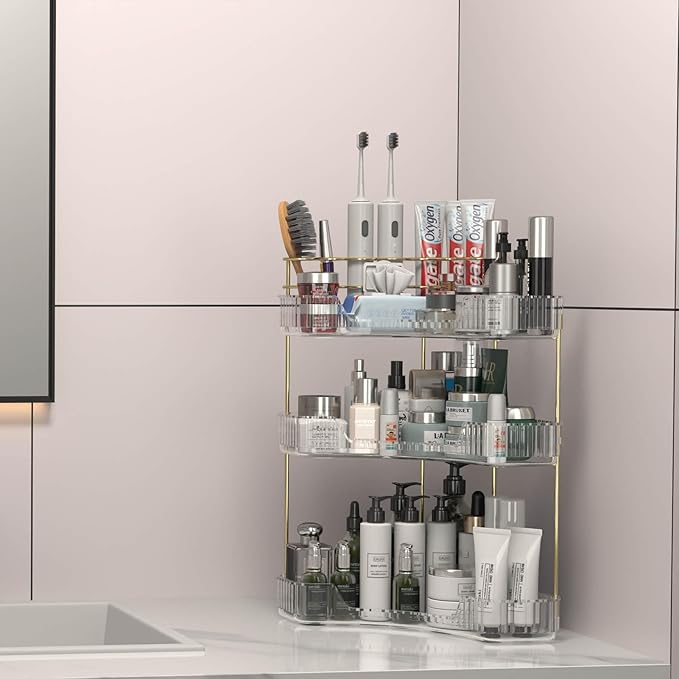 Makeup Organizer Countertop 3 Tier, Corner Bathroom Countertop Organizer with Toothbrush and Makeup Brush Holder, Corner Vanity Tray for Skincare Organization-Velvo Beauty