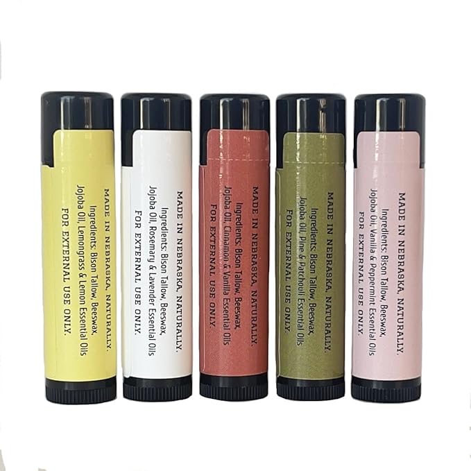 Pure Bison Tallow Lip Balm Set (5 pack) - Moisturizing, Non-Habit Forming, Soothes Chapped Lips, Hydrating-Velvo Beauty