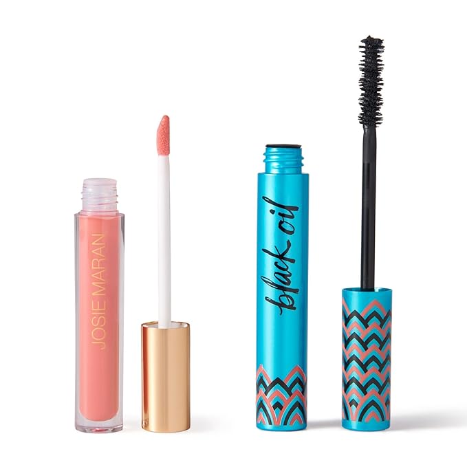 Josie Maran Eye Love Lip Gloss & Mascara Makeup Kit - Plumping Lip Gloss Infused with Argan Oil, Hyaluronic Acid and Sheer, Radiant Color + Argan Black Oil Lengthening Mascara (2 Piece Set)-Velvo Beauty