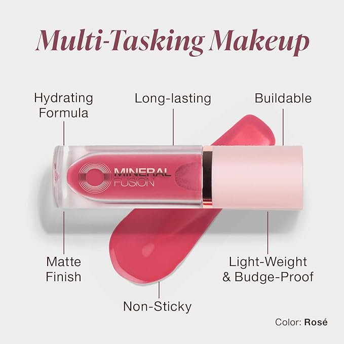 Mineral Fusion 2-in-1 Lip & Cheek Stain Rose, 0.10 fl oz, Rosey Pink hydrating, long-lasting, matte lip and cheek color-Velvo Beauty
