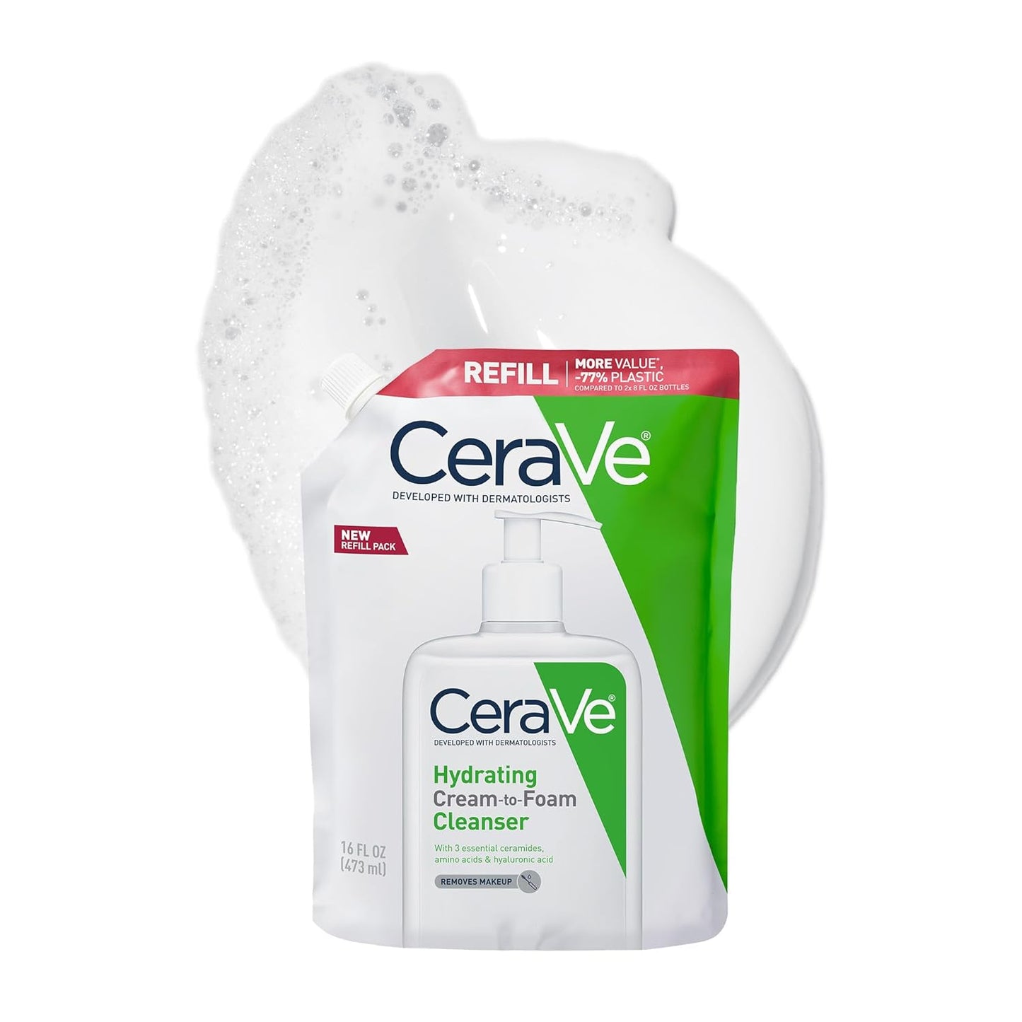 CeraVe Hydrating Cream To Foam Cleanser, Makeup Remover Face Wash For Dry Skin, Foaming Facial Cleanser With Hyaluronic Acid, Normal To Dry Skin, Fragrance Free & Non Comedogenic, 16 Ounce Refill-Velvo Beauty