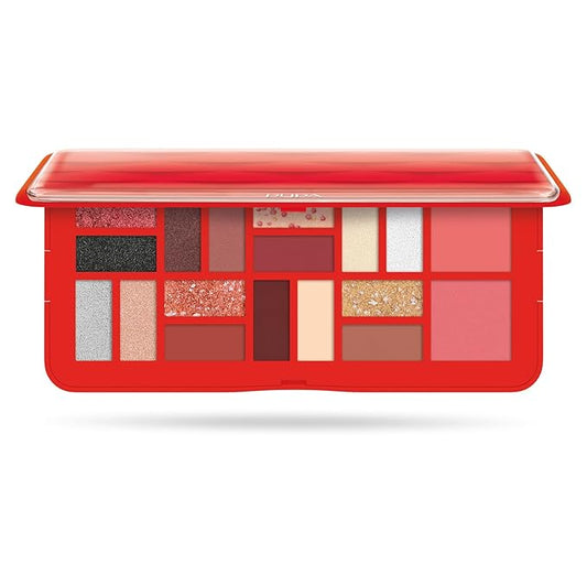 Pupa Milano Make-Up Palette L, 002 Red, 0.71 oz - 18 Pan Eyeshadow and Blush Palette, Matte, Shimmer, Metallic Finishes - Blendable Velvety Texture Blush Powder - Talc-Free - Eco-Friendly Packaging-Velvo Beauty