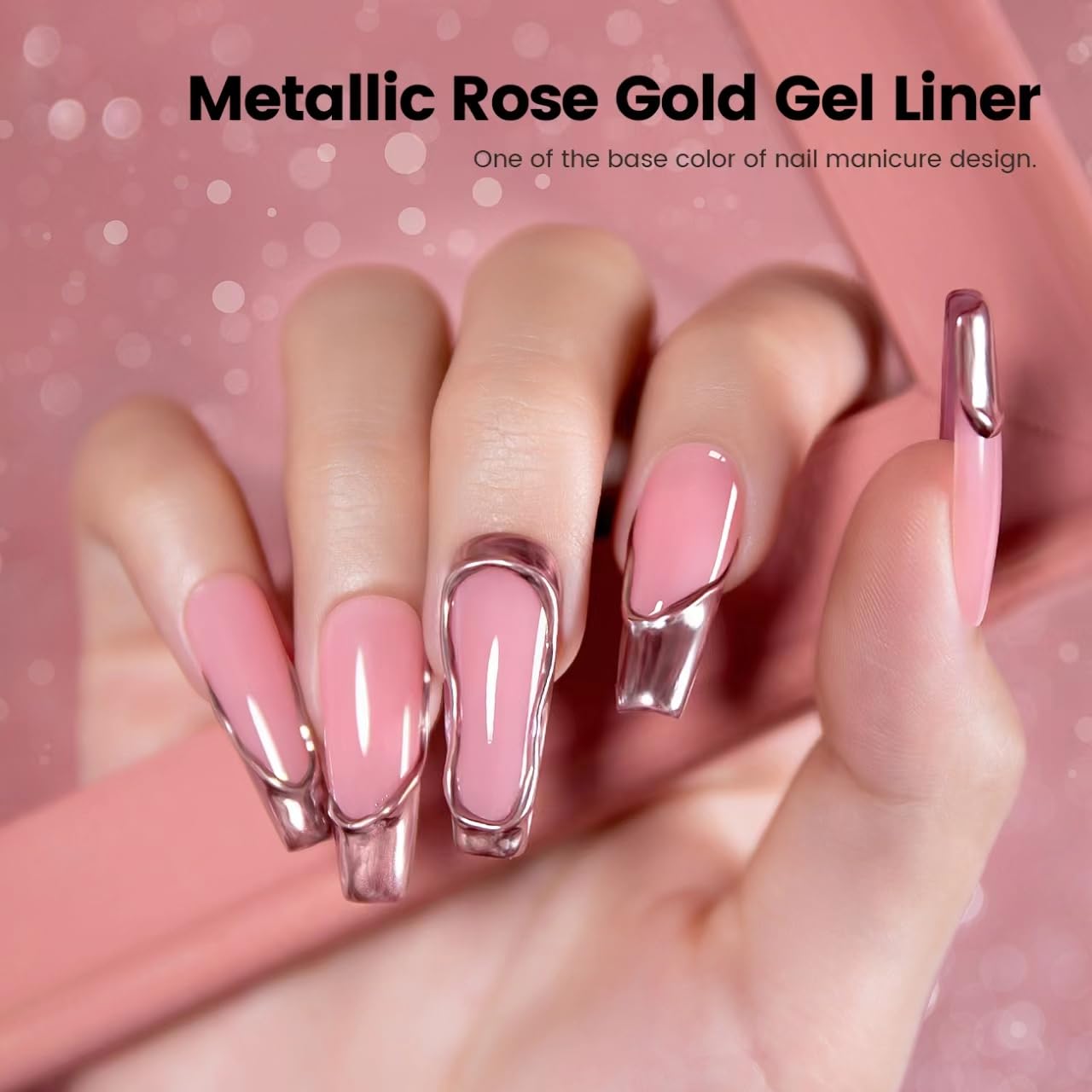 RARJSM Metallic Gel Liner Nail Art Rose Gold 3D Mirror Chrome Effect Gel Nail Polish 8ml Painting Build in Thin Brush Metal Painted Drawing Striper Gelpolish Soak off Curing Requires for Home Salon-Velvo Beauty