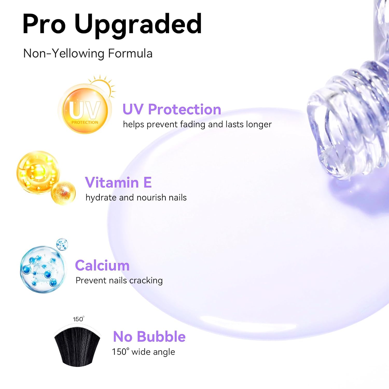Anti-UV Base Top Coat, 2PCS Calcium & VE Base Strengthening High Shine Top Coat Clear Nail Polish, Chip Resistant Quick Air Dry Protects Color & Nails Prevents Discoloration Manicure Gift-Velvo Beauty