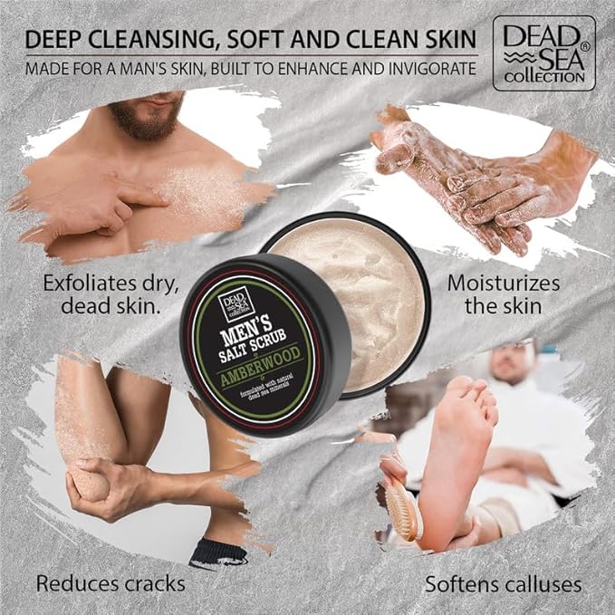 Salt Body Scrub Amberwood For Men – Moisturizes, Exfoliates & Nourishes Skin – Cleanses & Detoxifies with Dead Sea Minerals - Dead Sea Collection – 23.28 OZ-Velvo Beauty