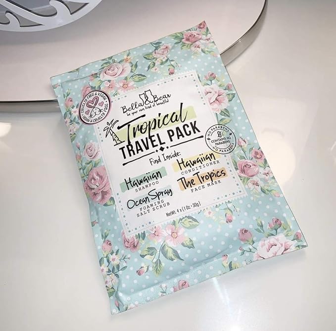 Bella & Bear Tropical Travel Pack, Self Care Kit, Includes Cruelty Free Shampoo, Conditioner, Body Scrub, Face Mask,1oz, Pack of 4-Velvo Beauty