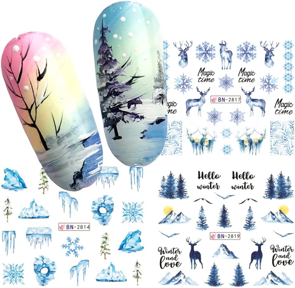 12 Sheets Snowflake Nail Art Stickers Water Transfer Nail Decals Christmas Nail Art Decorations Blue Snowflake Elk Santa Tree Bear Cute Winter Pattern Watermark Nail Stickers for Women DIY Nail Supply-Velvo Beauty