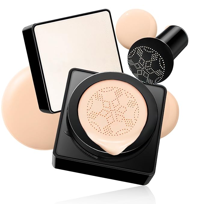 Air Cushion CC Cream Mushroom Head - Moisturizing & Oil Control Screw Lid Concealer Makeup Base, Primer Liquid Foundation Long Lasting with Mushroom Makeup Sponges for All Skin Types (Natural)-Velvo Beauty