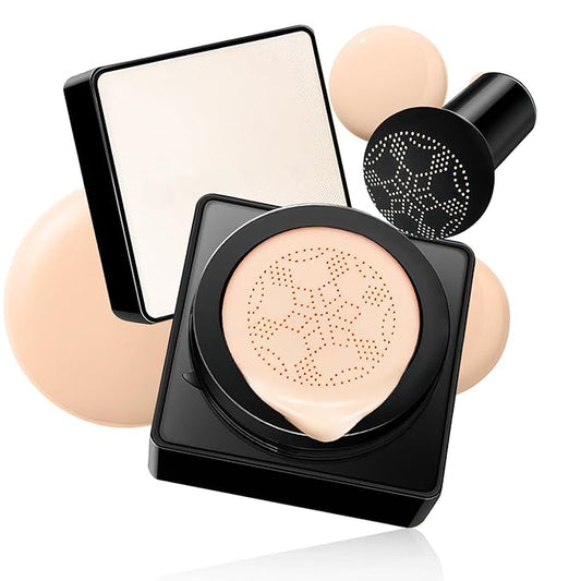 Air Cushion CC Cream Mushroom Head - Moisturizing & Oil Control Screw Lid Concealer Makeup Base, Primer Liquid Foundation Long Lasting with Mushroom Makeup Sponges for All Skin Types (Natural)-Velvo Beauty