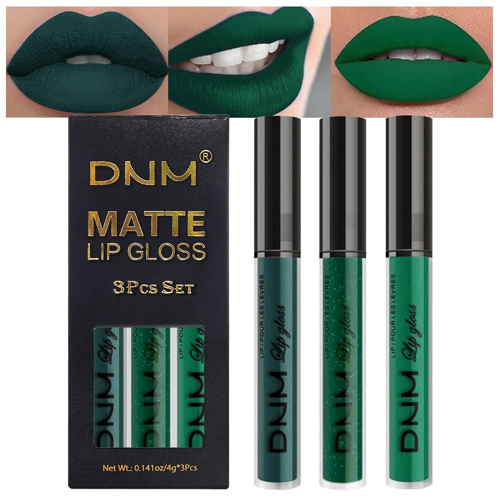 evpct 3Pcs Dark Deep Forest Green Shimmer Matte Liquid Lipstick Lip Stain Sets for Women Matte+Lipstick Long Lasting Waterproof Permanent 24 Hours Magic Lipstick 24 Hours original, Set23-Velvo Beauty