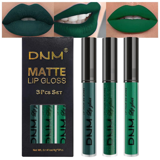 evpct 3Pcs Dark Deep Forest Green Shimmer Matte Liquid Lipstick Lip Stain Sets for Women Matte+Lipstick Long Lasting Waterproof Permanent 24 Hours Magic Lipstick 24 Hours original, Set23-Velvo Beauty
