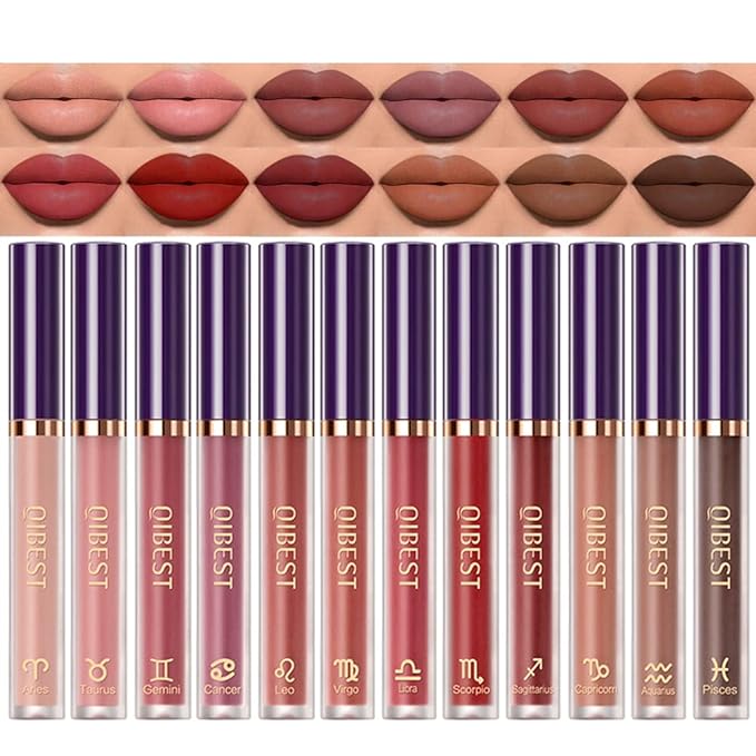 BestLand 12Pcs Matte Lipstick Lip Makeup Kit, Velvety Liquid Lipstick Waterproof Long Lasting Durable Nude Zodiac Signs Lip Gloss Beauty Cosmetics Gift Box Makeup Set Kit (12 Piece Set)-Velvo Beauty