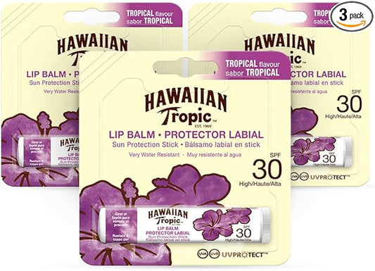 Hawaiian Tropic Lip Balm Pack of 3 – Sunscreen Lip Balm SPF 30, Tropical Flavor, 4 g-Velvo Beauty