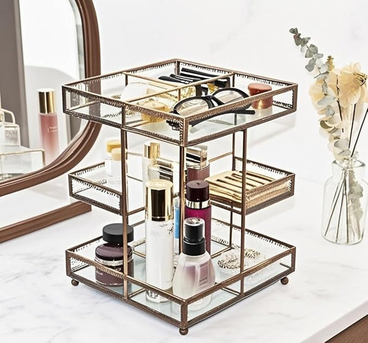 Vintage Glow Antique 360 Degree Rotating Makeup Organizer,4-Tier Spinning Perfume Tray,Countertop Cosmetic Storage,Glass Beauty Display,Retro Large Capacity Vanity Organizer for Brushes Skincare-Velvo Beauty
