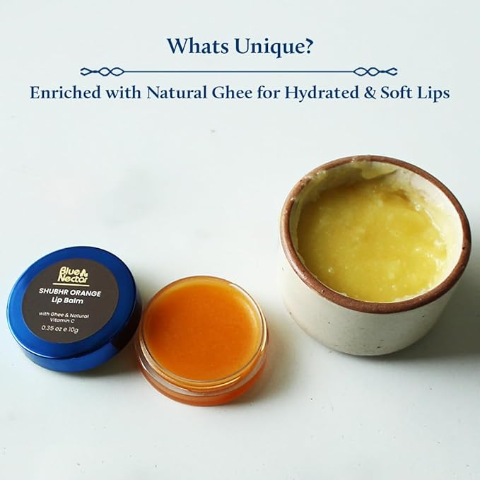 Blue Nectar Ayurvedic Orange Lip Balm with Organic Ghee & Natural Vitamin C for Dry Lips | Moisturizing Lip Gloss with Clean Ingredients (0.35 oz, 10 Herbs)-Velvo Beauty