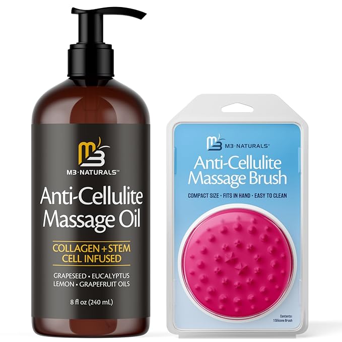M3 Naturals Anti Cellulite Massage Oil and Silicone Body Brush – Collagen and Stem Cell Skin Tightening Formula for Smoothing and Firming – 8 Fl Oz-Velvo Beauty