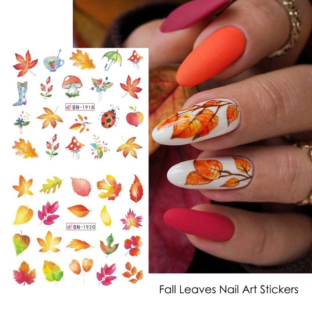 Fall Nail Art Stickers Maple Leaf Water Transfer Nail Decals Nail Supplies Autumn Maple Leaves Pumpkin Turkey Fox Design Watermark Nail Art Decorations Thanksgiving Day Stickers Manicure Tips 12Pcs-Velvo Beauty