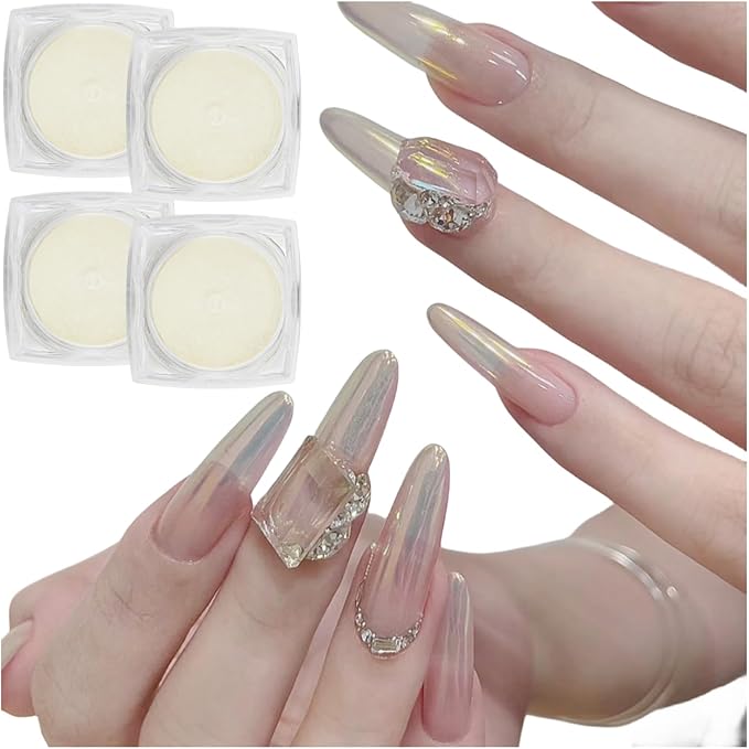 White Pearl Nail Powder, 4Pcs Iridescent Aurora Powder, Mermaid Metallic Mirror Effect Pigment Pearlescent Nail Chrome Powder-Velvo Beauty