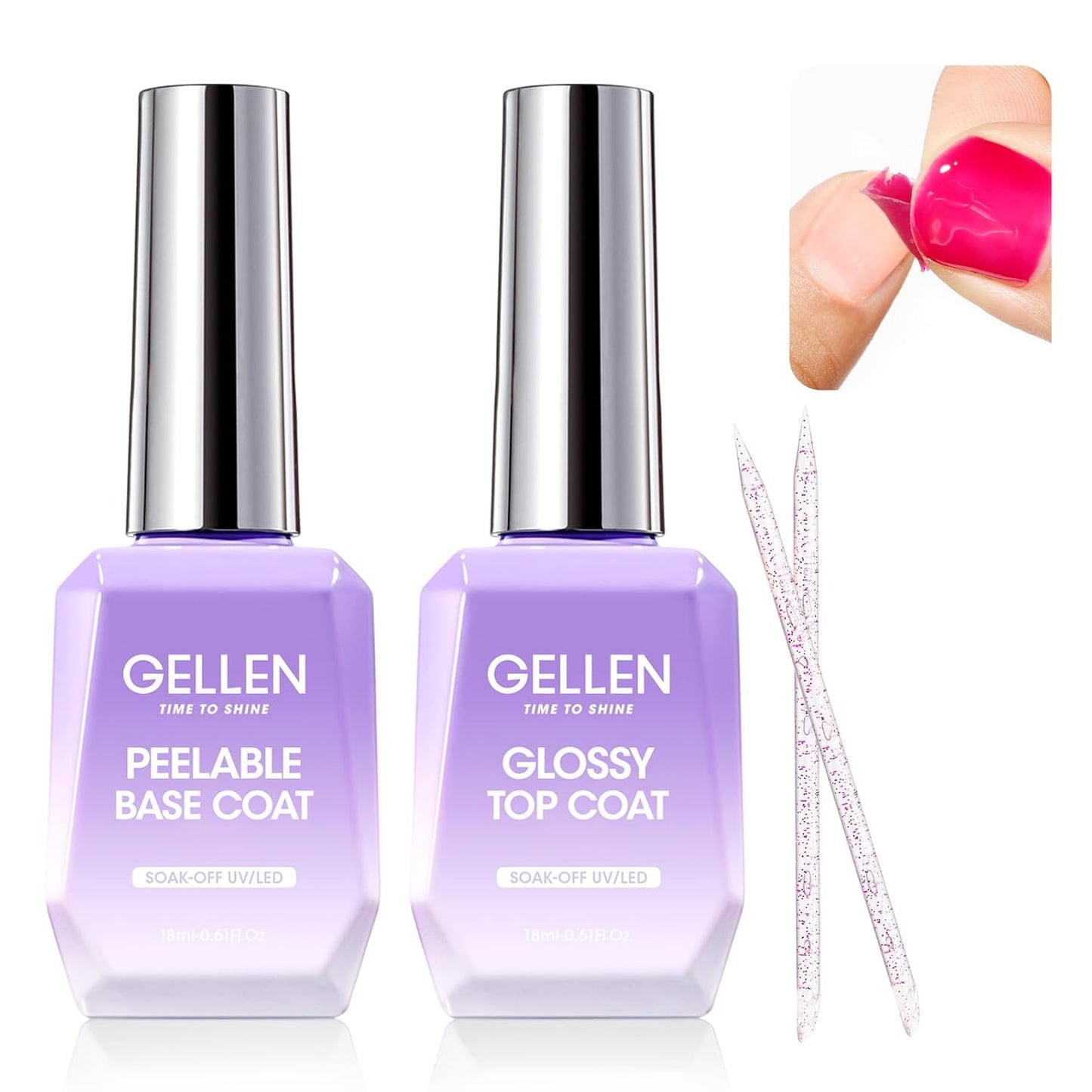 GELLEN Peel Off Gel Base Coat and Top Coat Set, Peelable Base Gel without Soaking, Clear Top Coat Nail Polish, UV LED Lamp Needed, Home DIY Nail Art Manicure Set-Velvo Beauty
