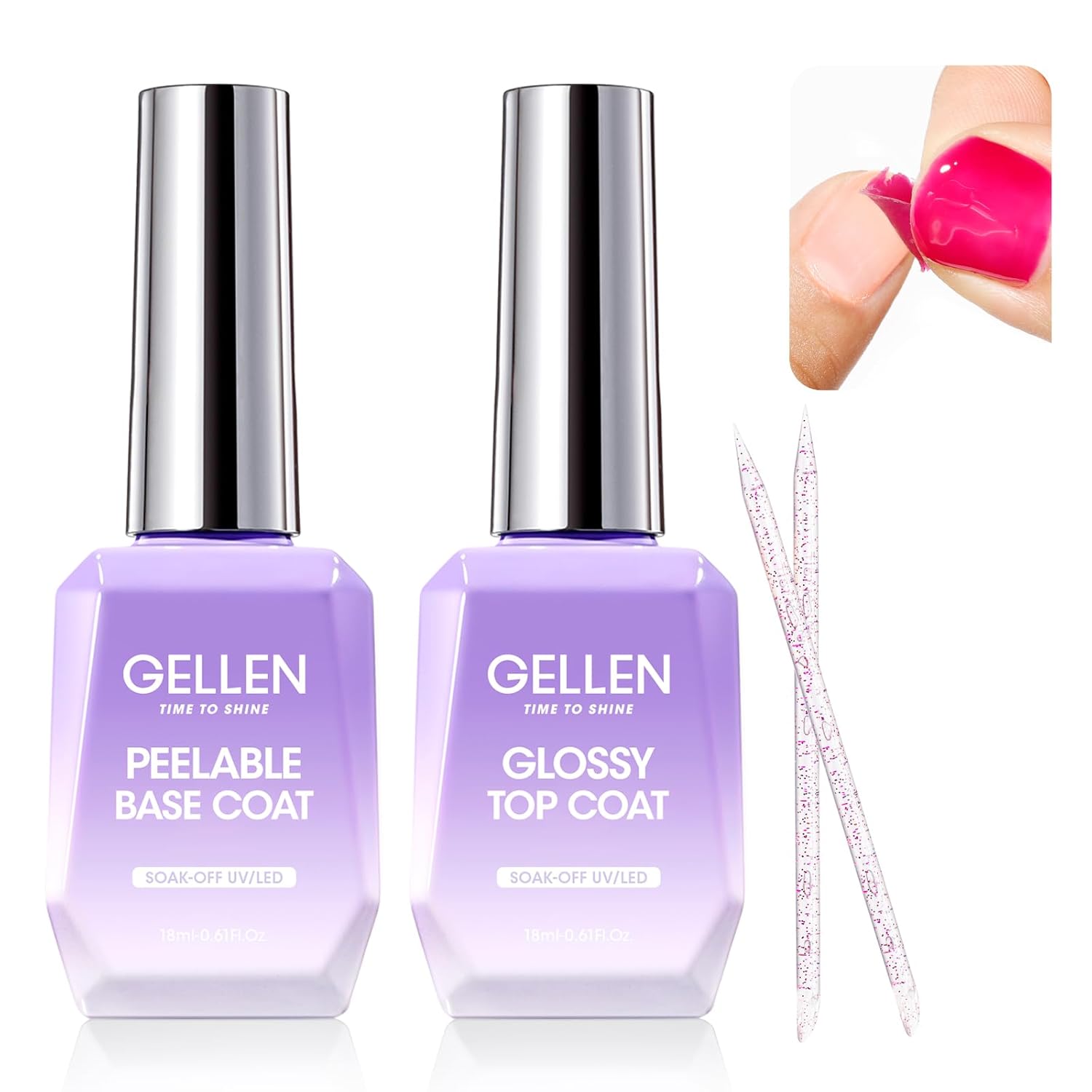 GELLEN Peel Off Gel Base Coat and Top Coat Set, Peelable Base Gel without Soaking, Clear Top Coat Nail Polish, UV LED Lamp Needed, Home DIY Nail Art Manicure Set-Velvo Beauty