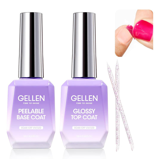GELLEN Peel Off Gel Base Coat and Top Coat Set, Peelable Base Gel without Soaking, Clear Top Coat Nail Polish, UV LED Lamp Needed, Home DIY Nail Art Manicure Set-Velvo Beauty