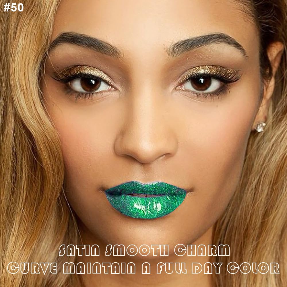 evpct 2Pcs Green Shimmer Glitter Shiny Liquid Lipstick Lip Gloss Stain and Retractable Lip Liner Makeup Set for Women Long Lasting Waterproof 24 Hours Lipstick labial mate larga duracion 24 50#-Velvo Beauty