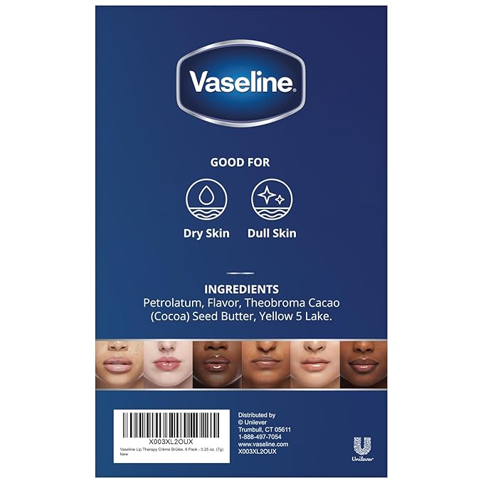 Vaseline Lip Therapy Creme Brulee Mini, White Petrolatum, Advanced Moisturizer, Relieves Dull and Dry Skin, Mini Vaseline Petroleum Jelly, Soft & Smooth Vaseline Lips (Pack of 6-0.25 Oz Ea) -Velvo Beauty