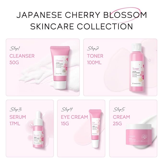 Greyghost Skin Care Set for Teenage Girls Women, 5 Pcs Cherry Blossom Skincare Set - Cleanser, Toner, Serum, Eye cream, Cream, Gentle Skin Cleaning & Care Gift Set, Travel Size Skin Care Set-Velvo Beauty