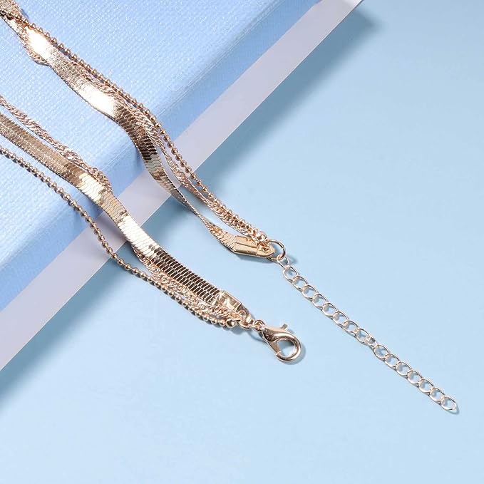 Punk Layered Chain Necklace Gold Flat Snake Chain Necklace Choker Vintage Herringbone Necklace Stacking Chunky Necklace Chain Jewelry for Women and Girls Gift-Velvo Beauty