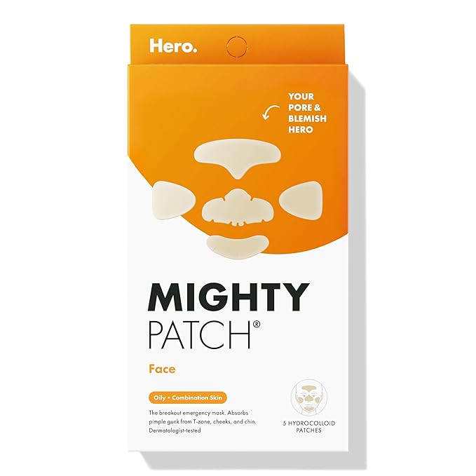 Hero Cosmetics Mighty Patch™ Face Patch - XL Hydrocolloid Face Mask for Acne, 5 Large Pimple Patches for Zit Breakouts on Nose, Chin, Forehead & Cheeks (1 Count)-Velvo Beauty