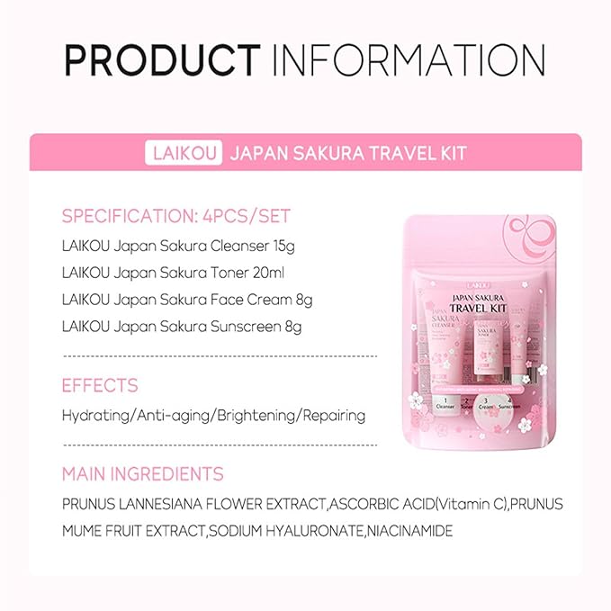 Sakura Travel Skincare Set for Teenage Girls - Face Routine Set for Women,4 Piece Gentle Skin Cleaning & Care Travel Size Kit With Cleanser, Toner, sunscreen and Face Cream-Velvo Beauty