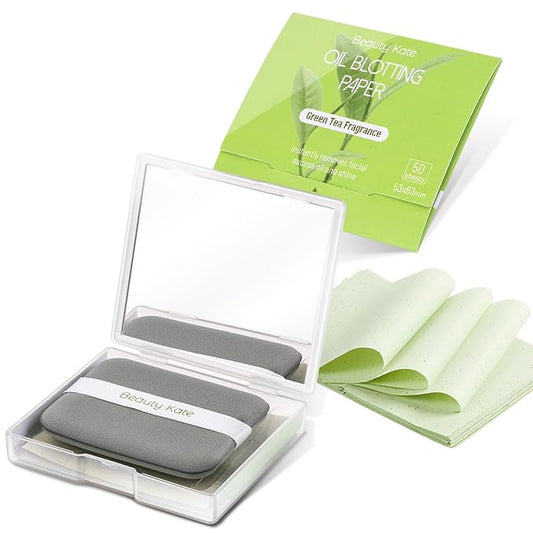 Oil Blotting Sheets for Face, Blotting Paper For Oily Skin Green Tea 100 sheets with Portable Mirror Case & Makeup Puff, Oil Absorbing Sheets For Face-Velvo Beauty
