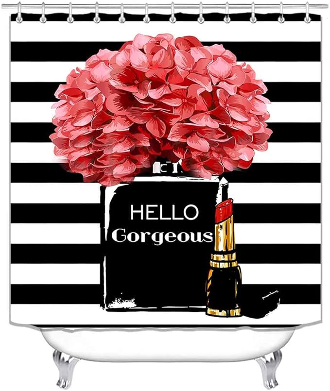 4PCS Hello Gorgeous Shower Curtain Set Watercolor Red Floral Black and White Striped Perfume Lipstick Makeup Vintage Modern Fashion Women Bathroom Decor Non-Slip Bath Mat Toilet Rug, Hydrangea-Velvo Beauty
