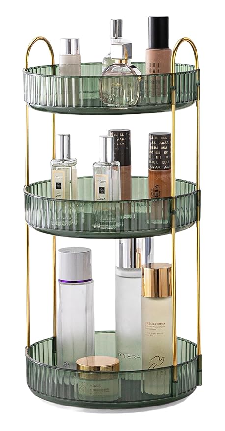 Makeup Organizer for Vanity, 360° Rotating Bathroom Organizer Countertop, High-Capacity Skincare Organizer, Spinning Cosmetics Organizer for Dresser Countertop (3 Tiers, Green)-Velvo Beauty