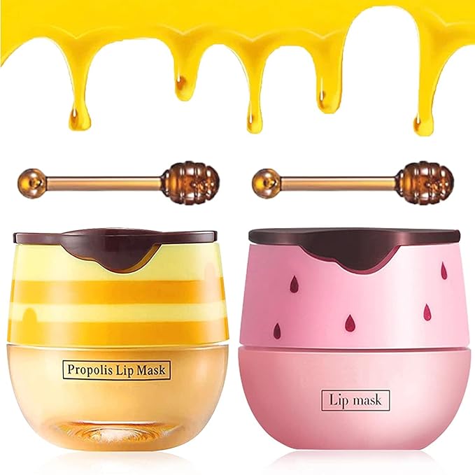 2Pcs Bee Lip Balm Honey Pot, Honey & Strawberry Lip Balm Moisturizing Lip Sleep Mask with Stick Hydrating & Prevention Dry and Cracked Lip Scrubs Exfoliator, Reduces Lip Lines-Velvo Beauty