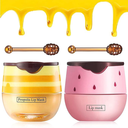 2Pcs Bee Lip Balm Honey Pot, Honey & Strawberry Lip Balm Moisturizing Lip Sleep Mask with Stick Hydrating & Prevention Dry and Cracked Lip Scrubs Exfoliator, Reduces Lip Lines-Velvo Beauty