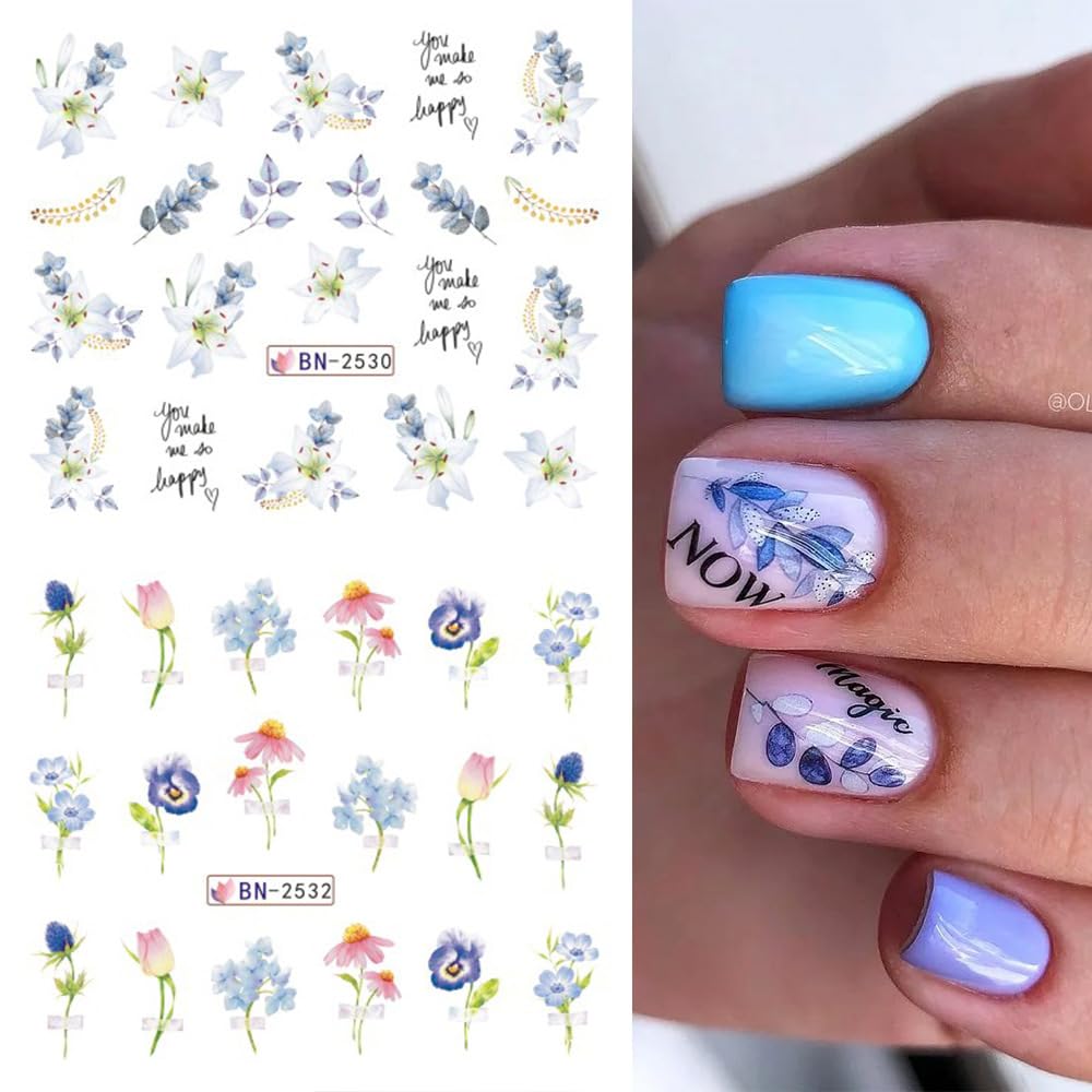 12 Sheets Flower Water Transfer Nail Stickers Purple Fresh Flower Nail Art Decals with Assorted Pattern Blossom Floral Butterfly Dragonfly DIY Nail Art supplies for Women Nail Decorations Manicure Tip-Velvo Beauty