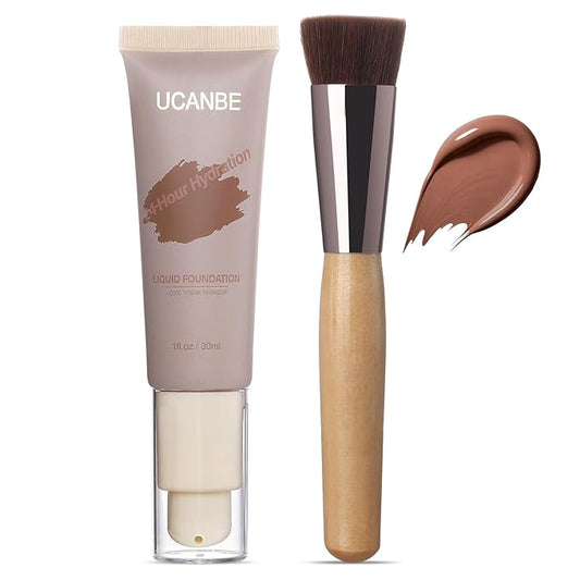 UCANBE Matte Liquid Foundation with Brush, Skincare Serum Foundation Face Makeup with Hyaluronic Acid, Medium to Full Coverage Waterproof Oil Control Longwear, for Mature Skin, Cocoa, 1 fl. oz.-Velvo Beauty
