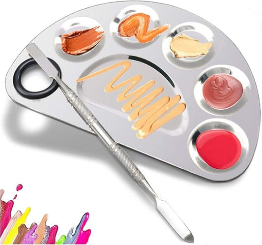 Makeup Palette Stainless Steel Cosmetic Palette 6-well with Spatula Tool for Nail Art Eye Shadow Mixing Foundation Painting Artist Mini Mixing Metal Palette Silver 4.9x3.3inch-Velvo Beauty