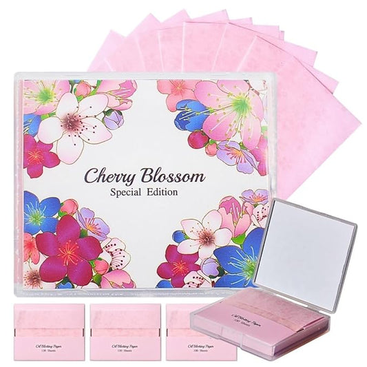 [400 Counts + Mirror Case] Cherry Blossom Natural Oil Blotting Paper for Face with Mirror Compact and Refills-Velvo Beauty