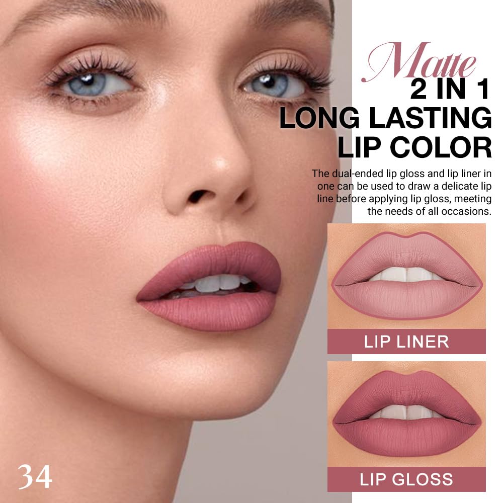 evpct 1Pcs Neutral Mauve Matte Lip Liner and Liquid Lipstick Stain Makeup Set for Women, Mauve Long Lasting Smudge Proof Lipstick labiales matte mate larga duracion listip 24 hours originales, 34#-Velvo Beauty