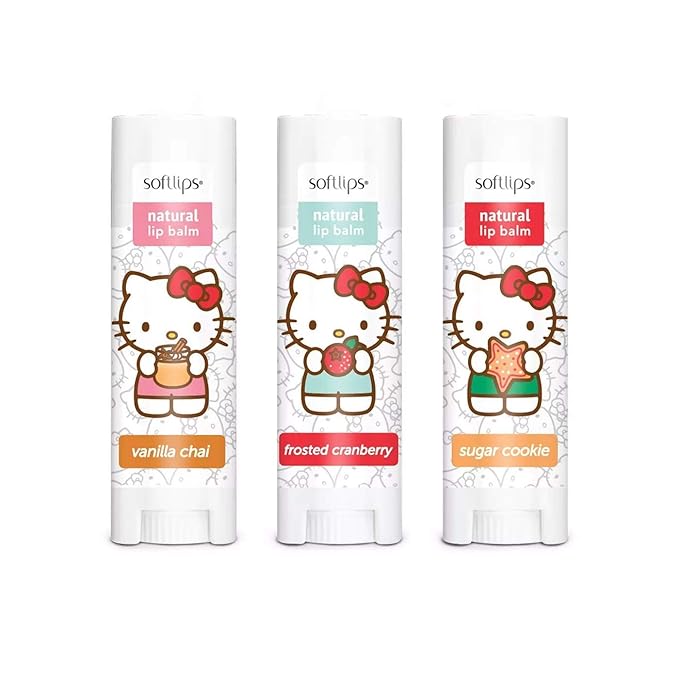 Hello Kitty Limited Edition Softlips Ornament Natural Lip Balm 3-Pack Vanilla Chai, Frosted Cranberry, Sugar Cookie, Holidays 2020-Velvo Beauty