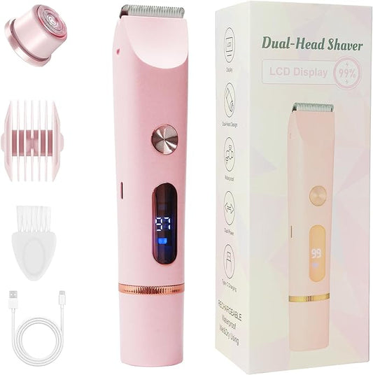 2025 Upgraded Bikini Trimmer for Women & 2 in 1 Dermave Bikini Shaver with LCD Display, Dual Head Cordless Electric Shaver, IPX7 Waterproof Wet/Dry Body Hair Trimmer for Face Body Intimate Areas,Pink-Velvo Beauty