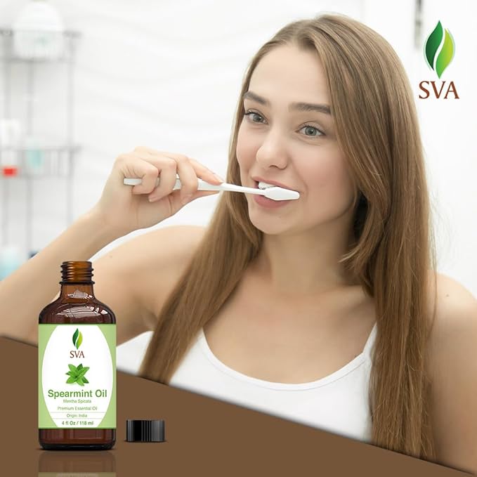 SVA Spearmint Essential Oil – 4 Fl Oz – 100% Natural Spearmint Oil - for Diffuser, Hair Care, Face, Skin Care, Aromatherapy, Scalp and Body Massage, Soap and Candle Making – with Dropper-Velvo Beauty