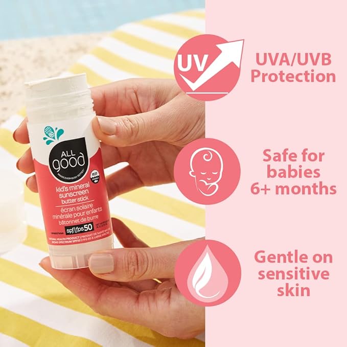 All Good Baby & Kids Mineral Sunscreen Butter Stick for Face, Nose, Ears - UVA/UVB Broad Spectrum SPF 50, Coral Reef Friendly, Water Resistant, Zinc Oxide, Vitamin E (2.75 oz)(2-Pack)-Velvo Beauty