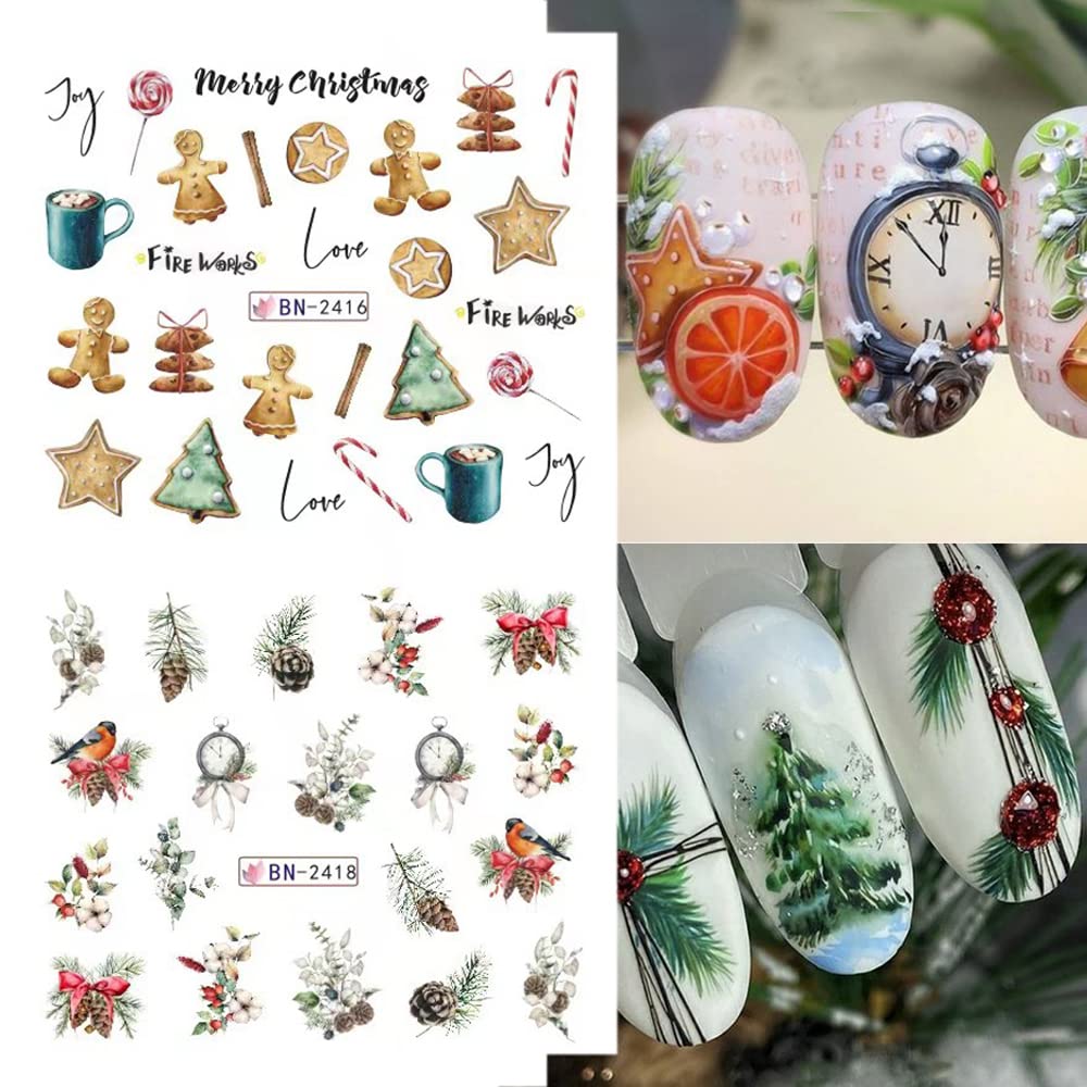 12 Sheets Christmas Nail Art Stickers Snowflake Water Transfer Nail Decals Holographic Gingerbread Man Snow Trees Winter Design Watermark Nail Foils Stickers for Women Xmas Nail Decorations-Velvo Beauty