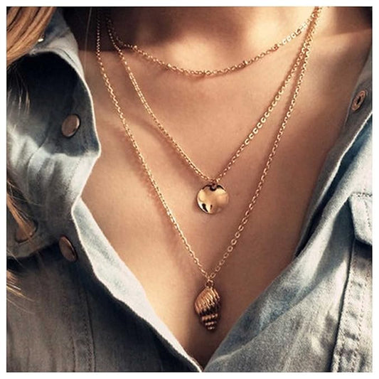 Bohemia Layered Seashell Necklace Choker Gold Coin Disc Pendant Necklace Chain Conch Shell Necklace Handmade Beachy Necklace Jewelry for Women and Girls-Velvo Beauty