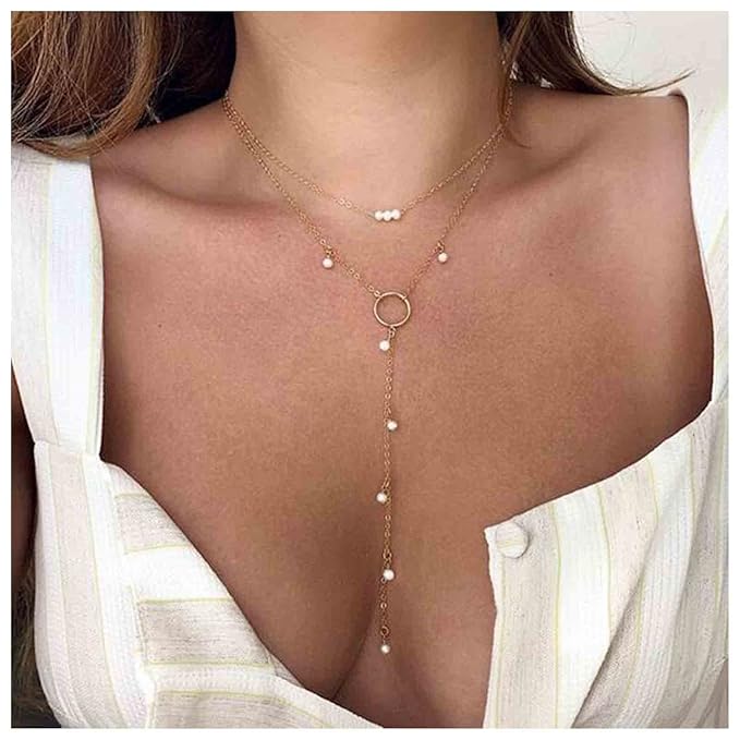 Boho Circle Pearl Lariat Necklace Gold Long Lariat Chain Necklace Tiny Pearl Choker Necklace Drop Pearl Chain Y Necklace Jewelry for Women and Girls Gifts-Velvo Beauty